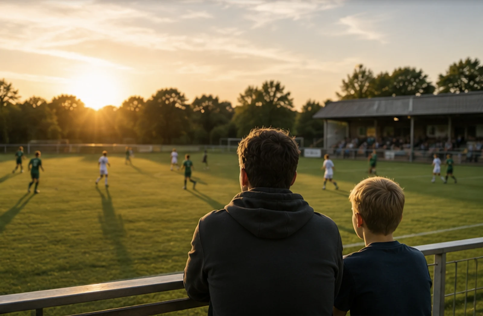 Fußballverein am Abend — Vater und Sohn am Spielfeldrand verfolgen das Spiel
