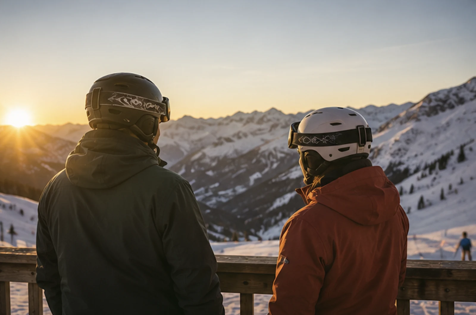 Bergverein im Winter — zwei Wintersportler blicken auf ein verschneites Bergpanorama