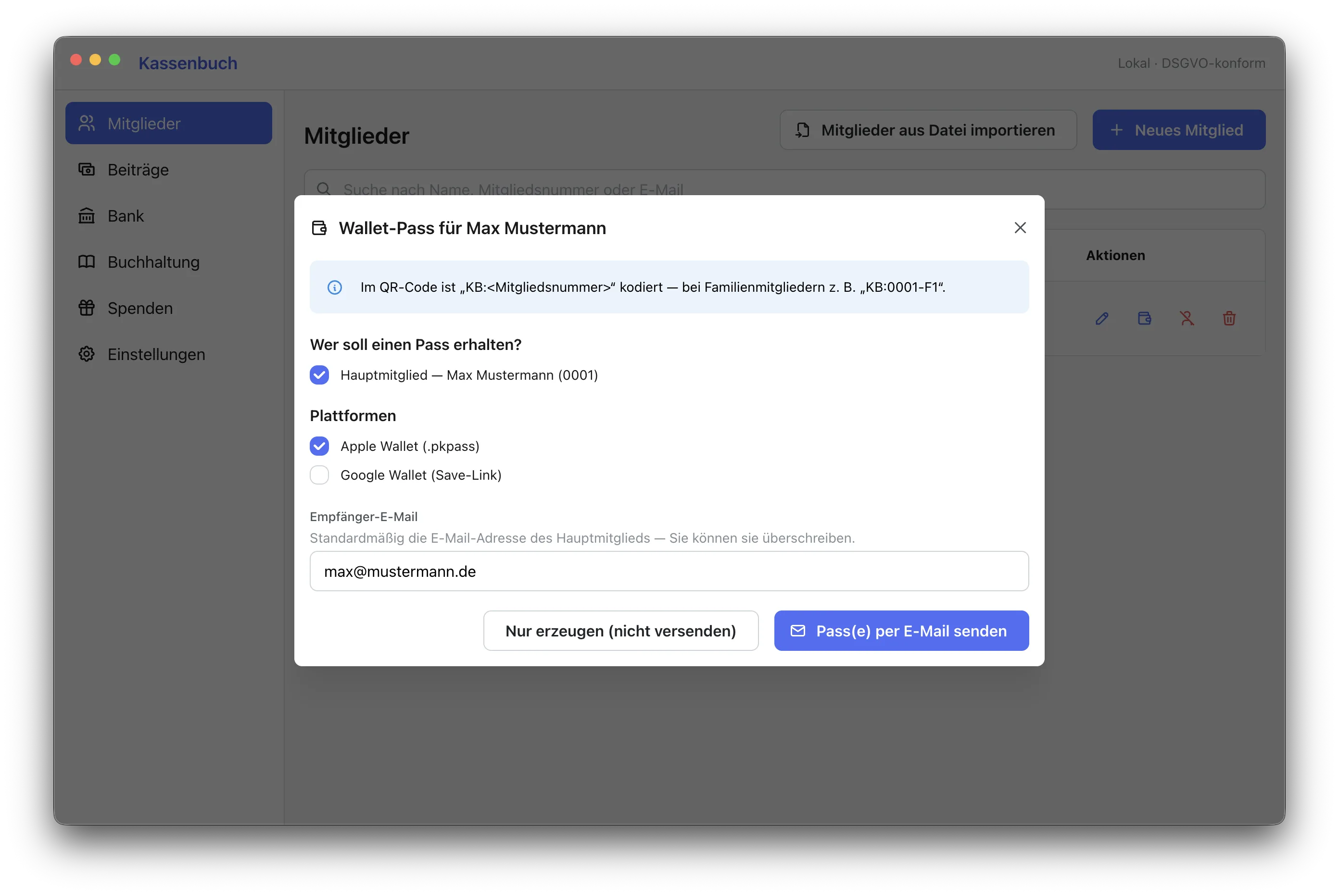 Wallet-Mitgliedsausweis in Kassenbuch — Pass für Apple und Google Wallet erzeugen
